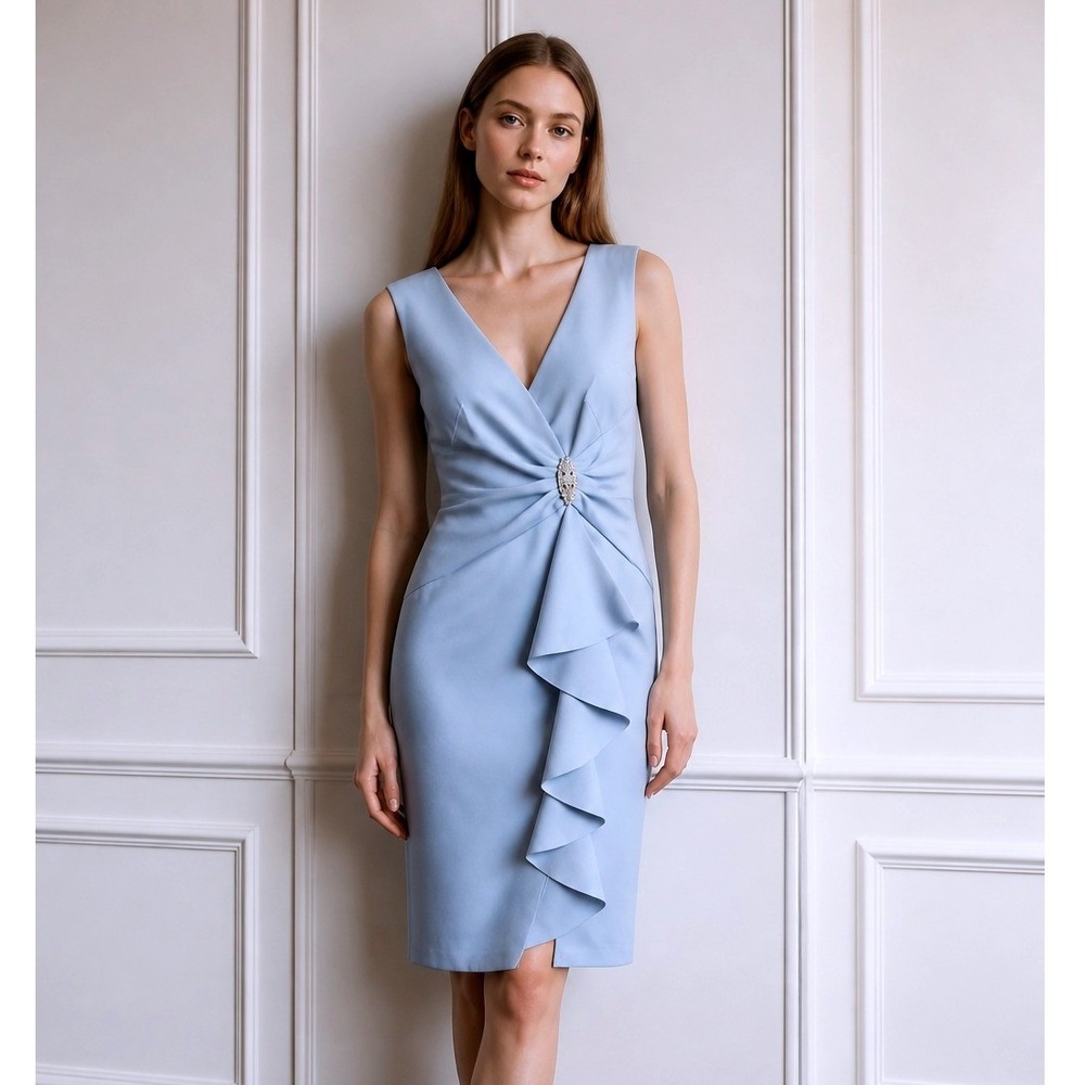 Jessica Howard Womens Sheath Dress Pale Blue V-Neck Rhinestone Brooch Ruffle